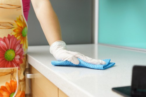 Technician performing upholstery cleaning on a living room chair